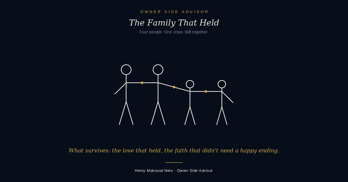 Four stick figures, two parents and two children, standing side by side holding hands, representing a family staying united through a crisis.