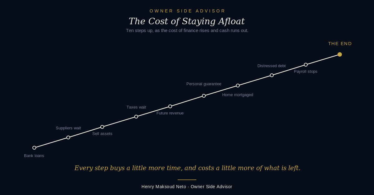 Diagram showing the ten escalating steps a family business takes to stay afloat as the cost of finance rises, from company bank loans to the end.