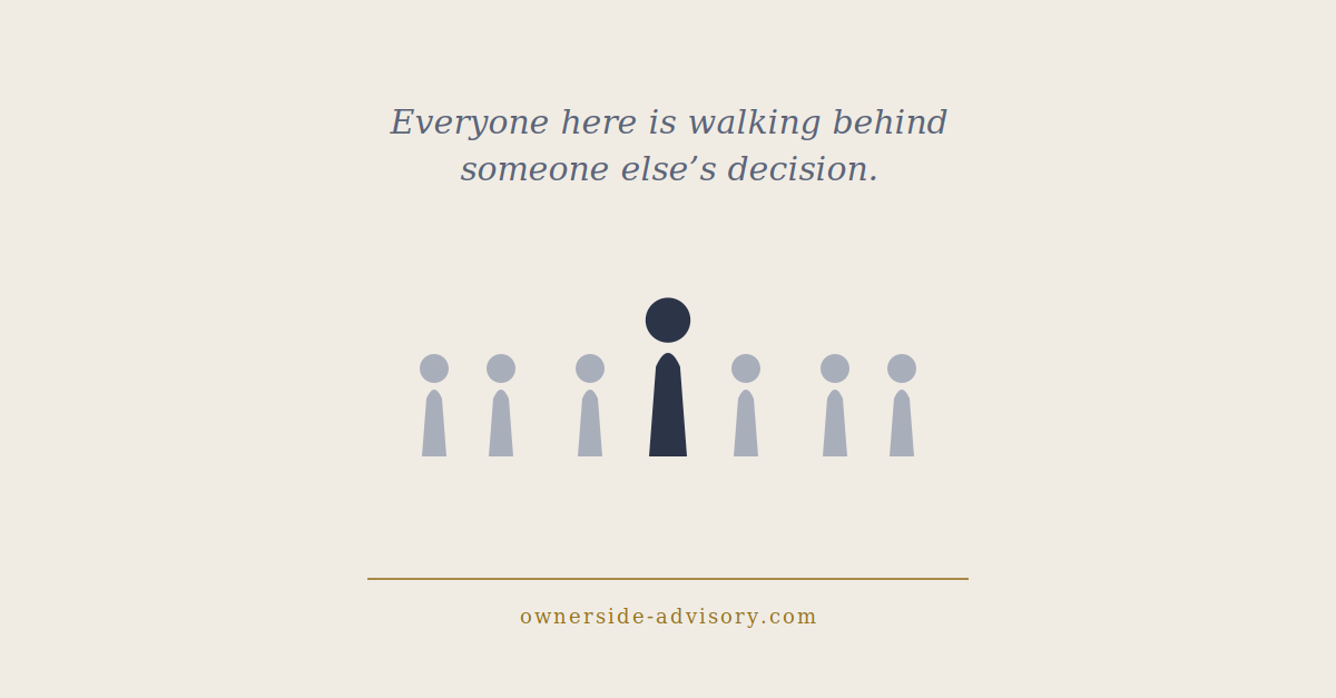 Everyone here is walking behind someone else&rsquo;s decision. A row of small grey figures with one larger dark figure in the middle.