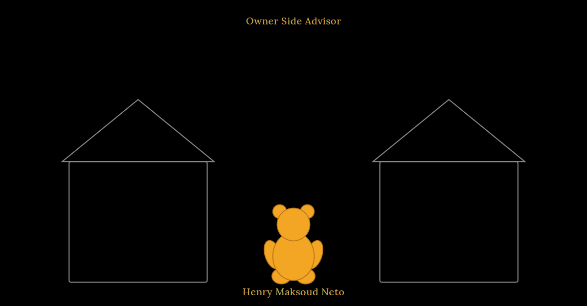 Two houses and a toy bear sitting alone in the space between them
